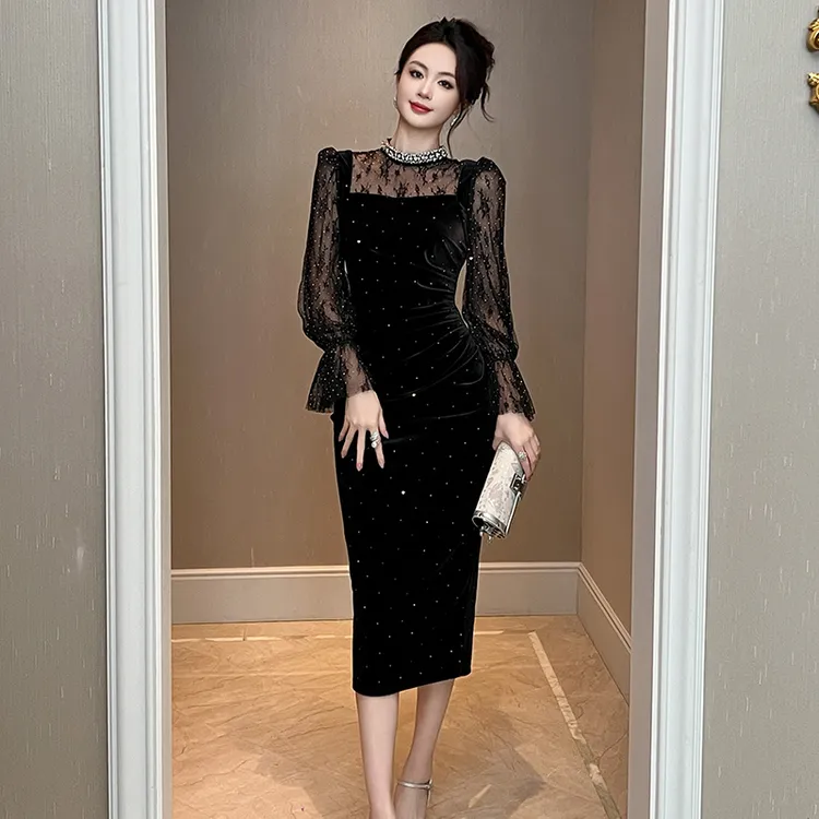 9955显瘦气质长袖轻奢时尚修身名媛宴会复古法式长款优雅连衣裙