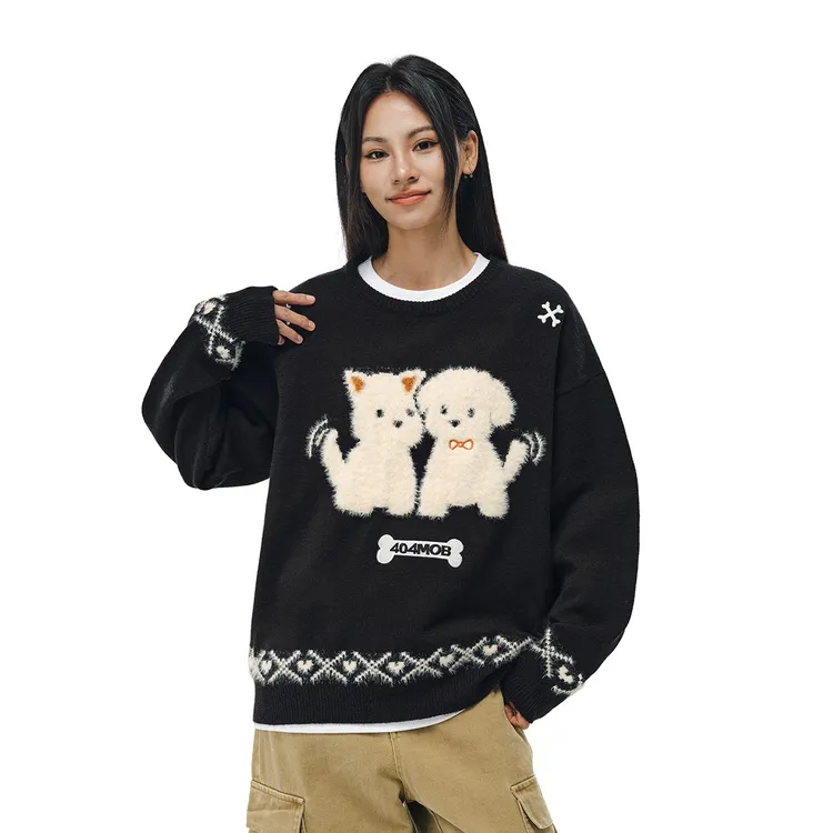 【廖俊涛同款】404MOB秋冬厚款提花趣味小狗毛衣圆领套头卫衣针织衫
