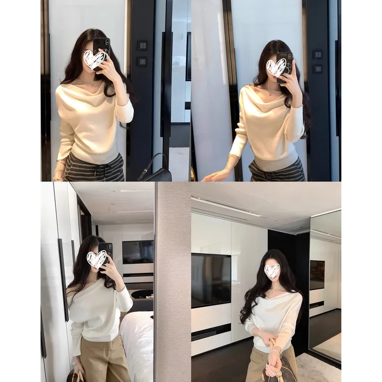 【范范专属】2025秋冬新款许妍多穿斜肩荡领小众洋气显瘦毛衣针织衫上衣打底女