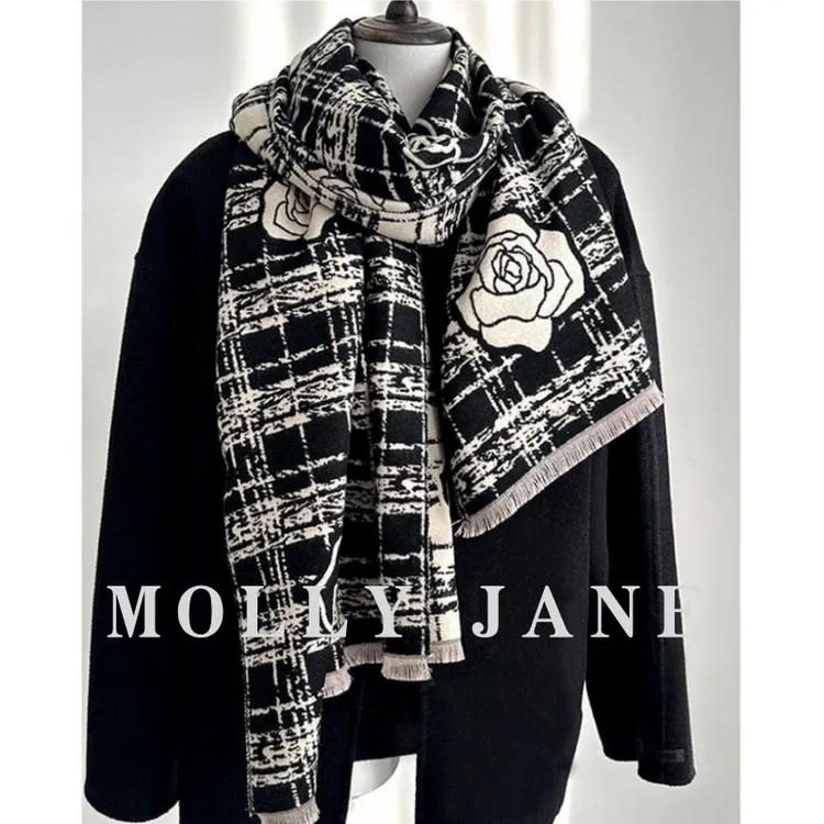 冬日山茶小香风双面围巾加厚情侣保暖棉围脖不扎不掉毛舒适WJ-128