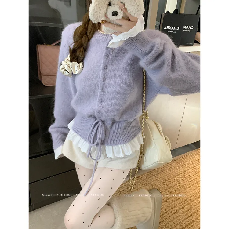 新年圣诞毛衣女2024冬季新款设计感蕾丝拼接系带收腰长袖针织上衣