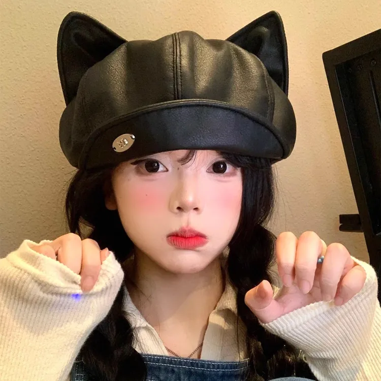 pu皮质猫耳朵贝雷帽女春秋季甜酷显脸小八角帽大头围报童画家帽子