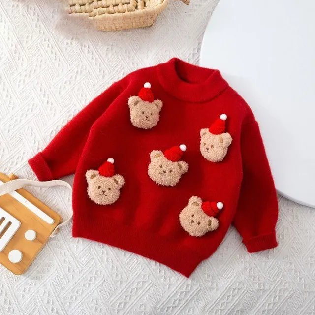 女童毛衣加厚秋冬新款毛衣女中小童红色圆领新年条纹小熊上衣
