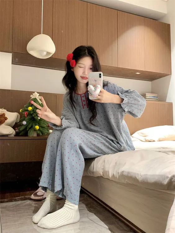 撞色波点蓝色睡衣女春秋款日系甜美长袖长裤可外出娃领家居服套装