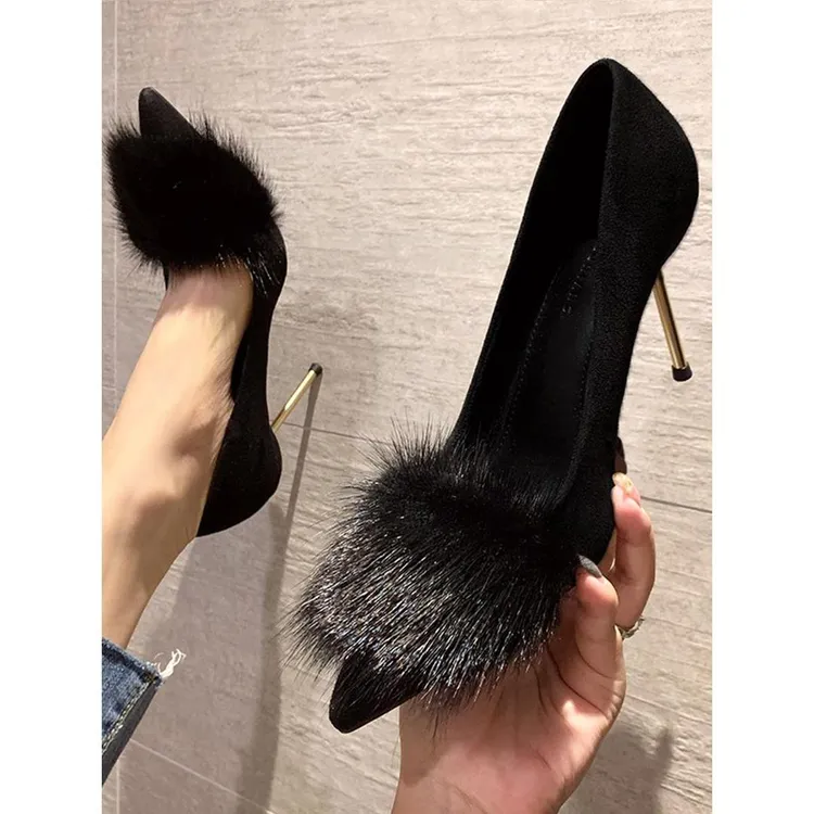 黑色毛毛高跟鞋女细跟性感2024年新款轻奢秋冬气质浅口单鞋不累脚