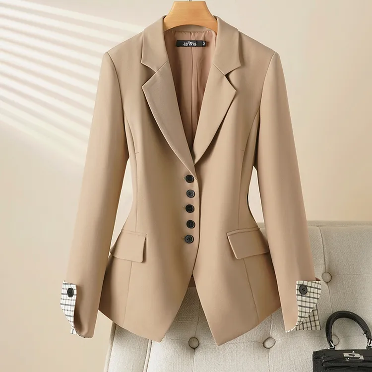 设计感小西装女外套收腰春秋款小个子西装拼接卡其色弹力西服个性