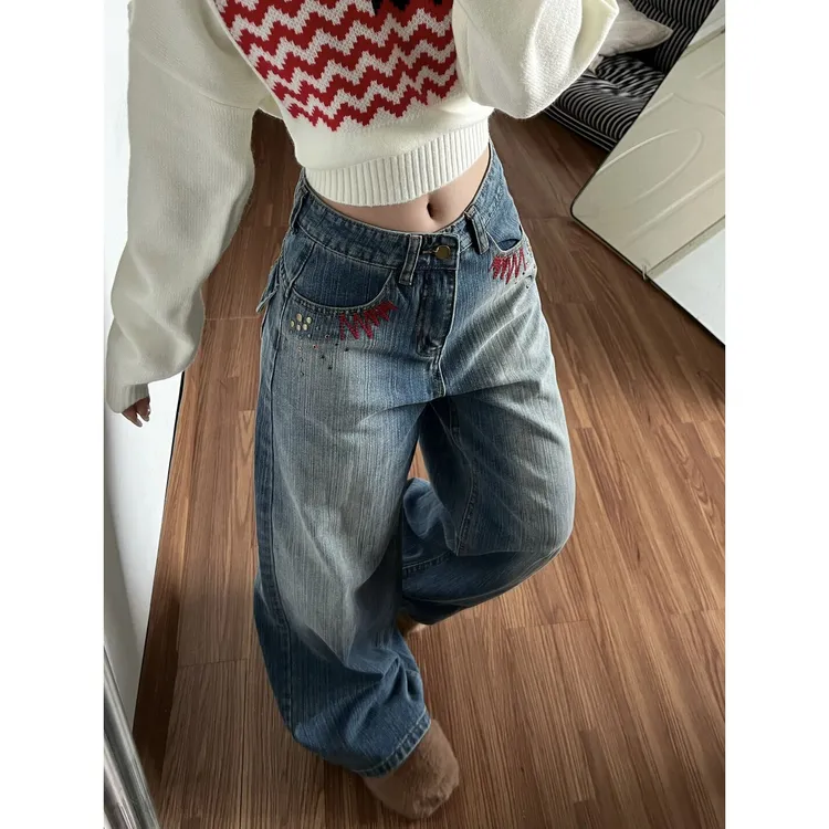 美式复古烫钉烫钻重工刺绣水洗牛仔裤女秋冬设计感宽松显瘦阔腿裤