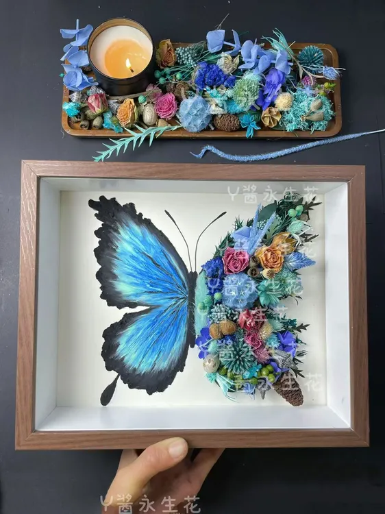 情人节快乐永生花蝴蝶成品 玫瑰礼物定制相框 蝴蝶干花10寸成品