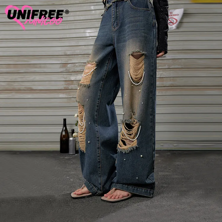 【米大大】UNIFREE蓝色破洞牛仔裤显瘦高腰水洗长款个性阔腿拖地裤