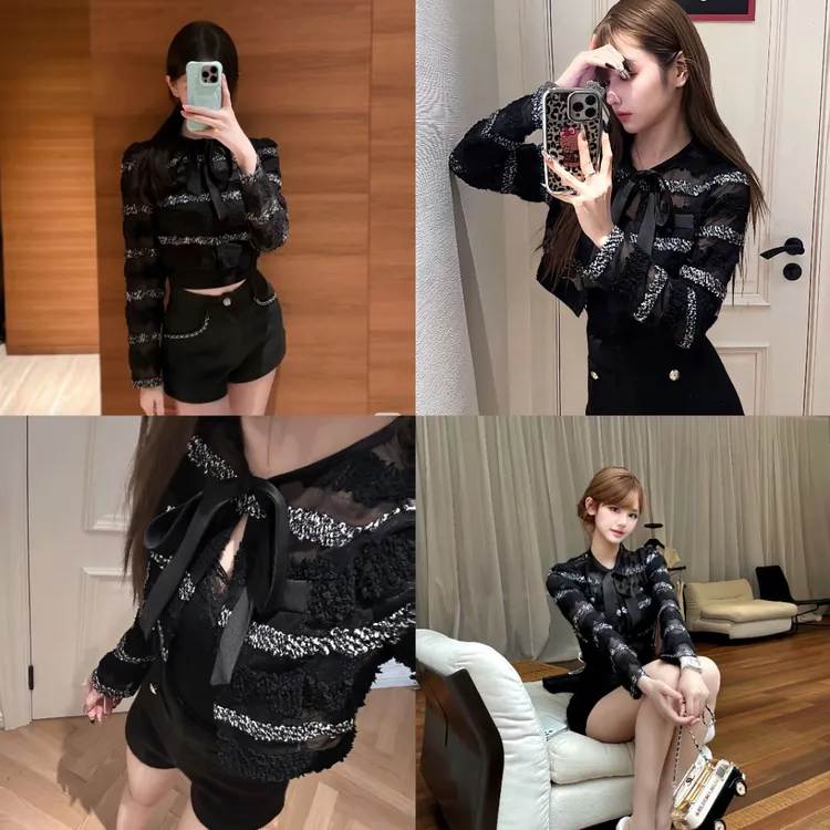 首尔富人区贵气甜美型裤子修身百搭显瘦短裤+玻璃般透光镂空外套