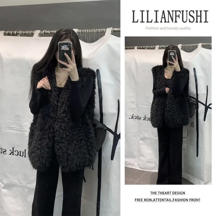 2025秋冬新款百搭宽松马甲外套纯色长袖打底衫显瘦阔腿裤三件套女