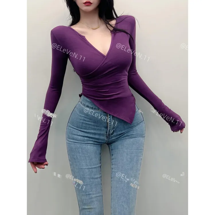 入春新款！经典舒适交叉甜辣显身材性感显瘦V领上衣内搭长袖T恤女