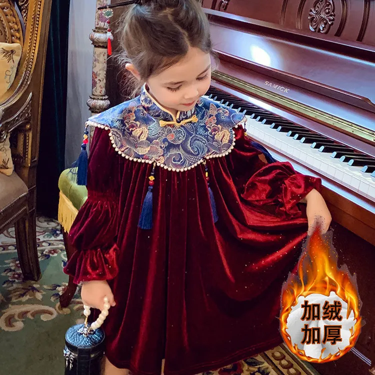 童装反季女童加绒连衣冬装新款儿童时尚休闲丝绒中式女孩拜年服装