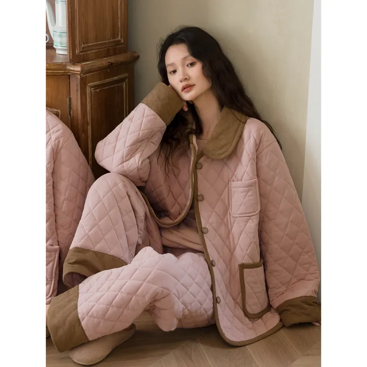 韩版撞色棉衣夹棉睡衣女秋冬新款加厚翻领棉服外套保暖家居服套装