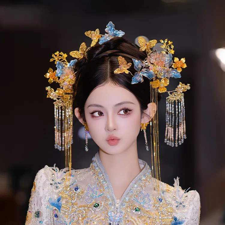 合金婚庆饰品 新娘中式秀禾头饰超仙金蓝撞色花朵长流苏发饰D0527