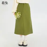 慕兔复古绿色中长款半身裙女2025夏季新款小个子高腰显瘦a字裙子