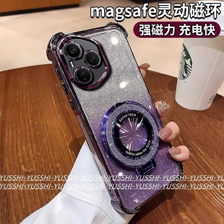 适用荣耀400手机壳荣耀300pro闪粉磁吸支架200四角防撞100高级90