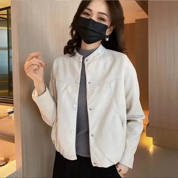 水洗皮圆领标准长袖短款常规皮衣春季百搭春秋女装小个子秋季