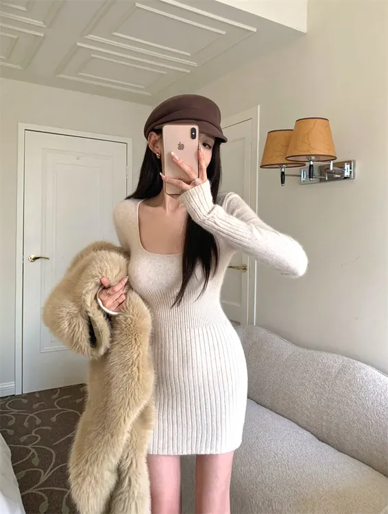  时尚复古气质辣妹收腰显瘦长袖包臀裙子针织毛衣连衣裙7943#