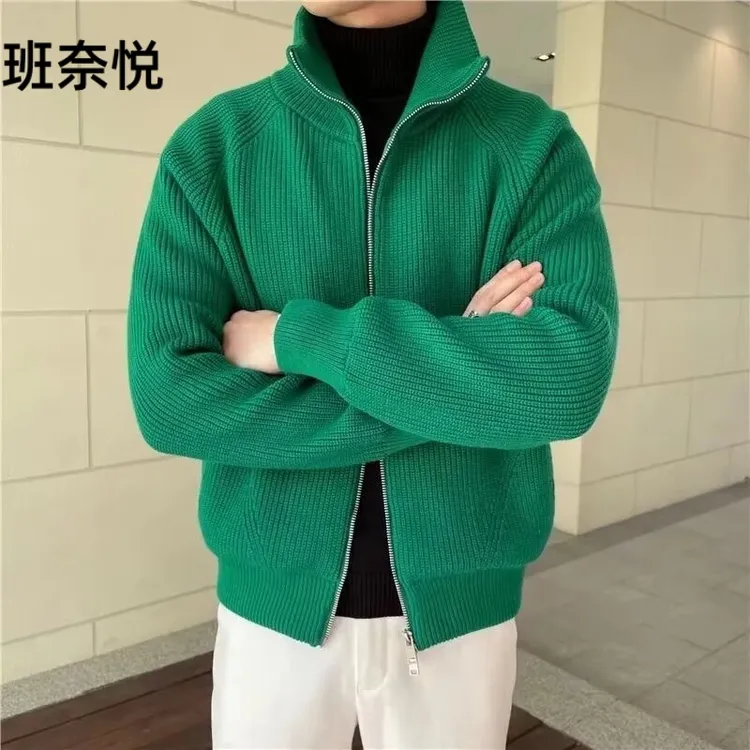 美式高街帅气拉链立领针织外套男春秋季潮流时尚休闲百搭毛衣夹克