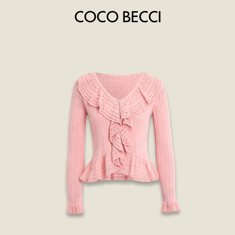 COCO BECCI【玫瑰花颂】荷叶边浪漫温柔气质显瘦针织衫CFXYC131037