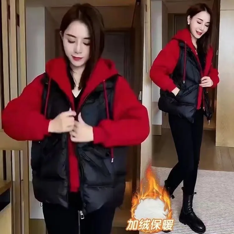 网红爆款假两件棉服女短款2024冬季时尚连帽棉衣加厚保暖棉袄外套