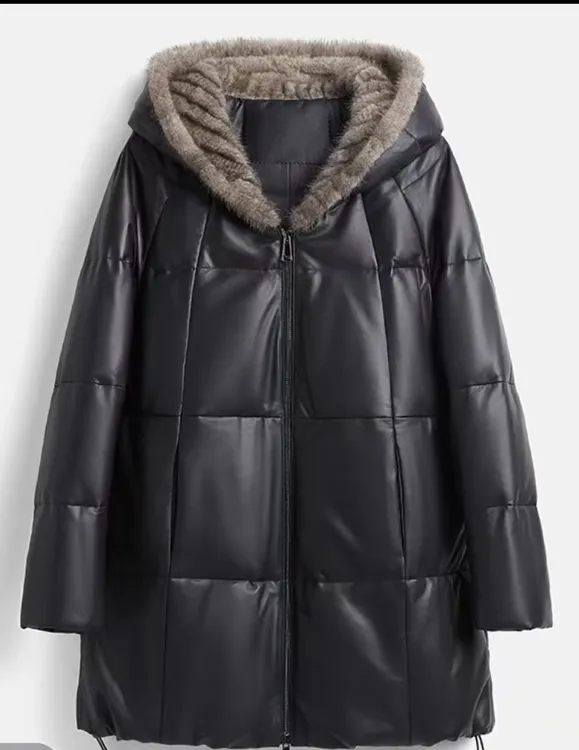 海宁真皮绵羊皮皮衣羽绒连帽中长款女休闲韩版加厚