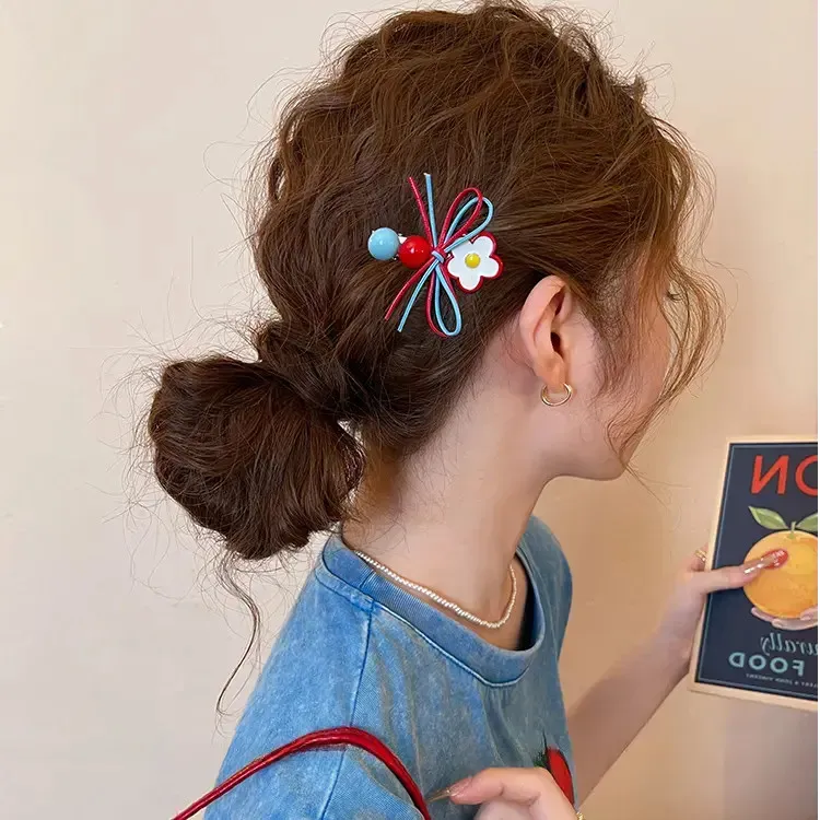 甜美红蓝花朵侧边发夹女蝴蝶结边夹前额刘海夹一字发卡鸭嘴夹发饰