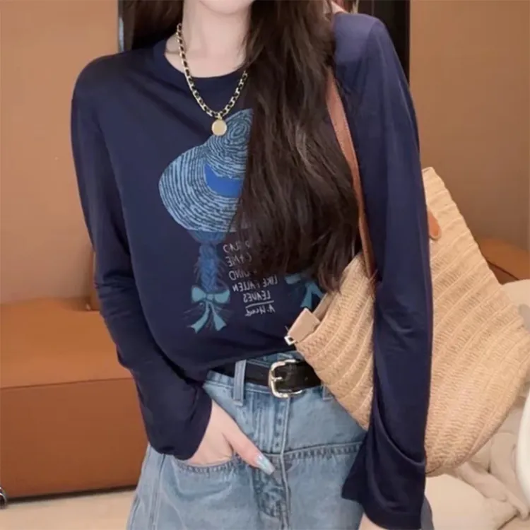 2025夏季新款女装卡通草帽印花长袖T恤韩系别致修身防晒罩衫上衣