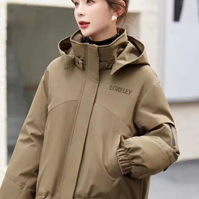 白鸭绒羽绒服冲锋衣女冬季2025新款小个子加厚防寒宽松连帽派克服