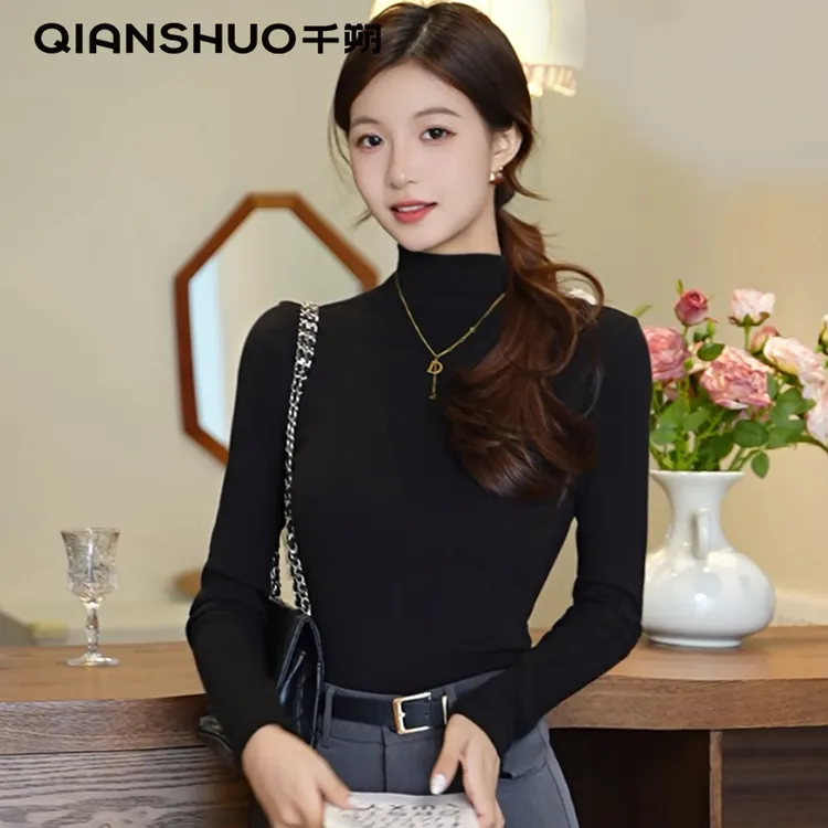 秋冬款针织打底衫女百搭外出女装上衣女简约中领针织衫长袖内搭