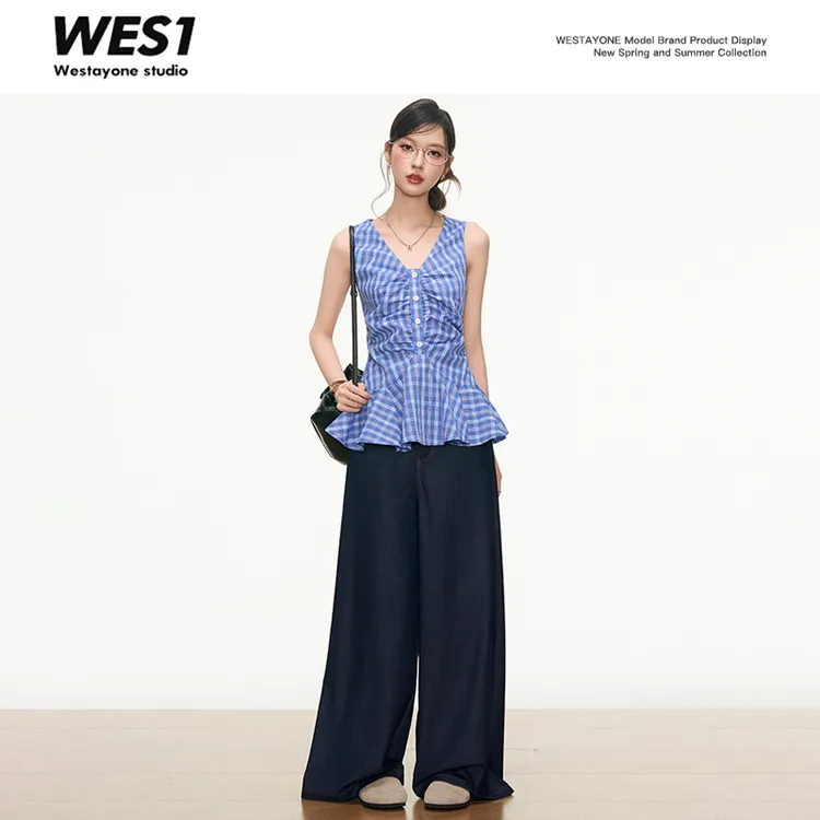 【小野专属】WESTAYONE挂脖V领吊带收腰上衣女韩系通勤蓝色格纹