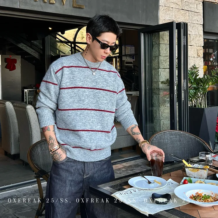 OXFREAK「高克重 羊毛混纺」冬季套头条纹毛衣男宽松加厚针织衫