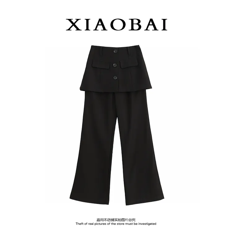 XIAOBAI 拼接高腰直筒裤秋季薄款通勤时尚黑色百搭老钱风休闲裤女