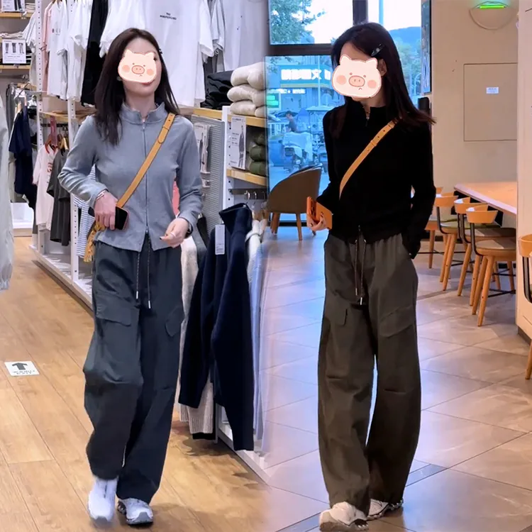 2025年新款穿搭一整套时尚百搭拉链上衣长袖搭配宽松显瘦工装裤女