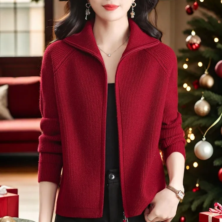 纯100羊绒衫2025年春秋季新款拉链女士中年妈妈装洋气针织开衫女