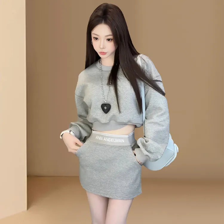 韩版灰色圆领卫衣连衣裙子女2025春秋新款高级感休闲运动短裙套装