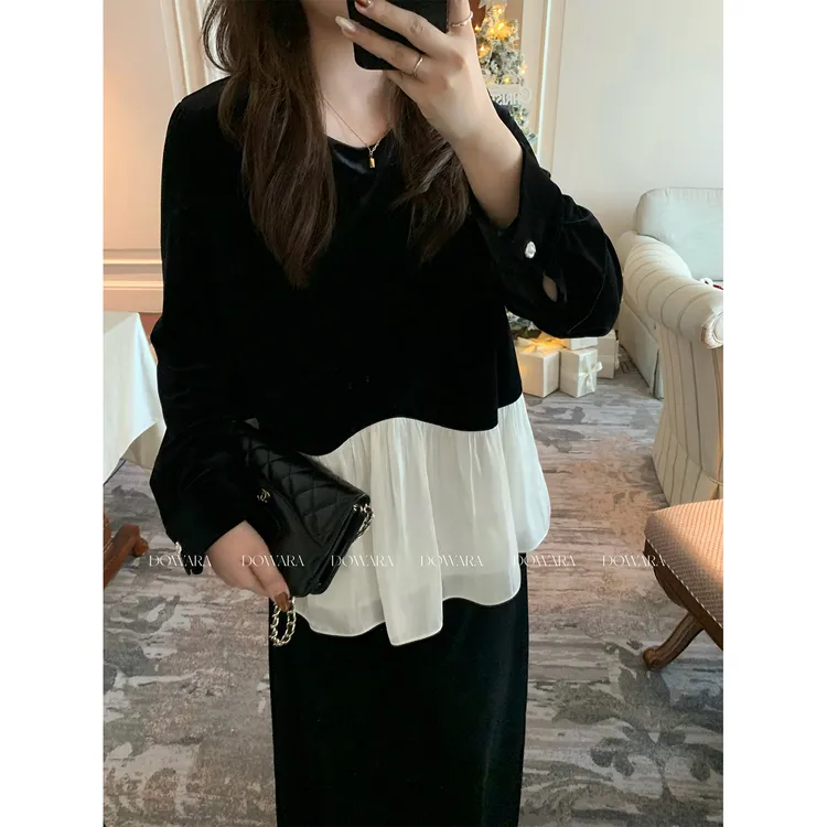 大婉酱微胖定制法式气质丝绒拼接上衣小众别致气质显瘦绒衫 3131D