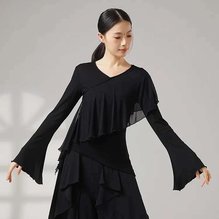 舞蹈服广场舞蹈服莫代尔拼纱上衣飘逸练功服体操形体服古典舞舞服