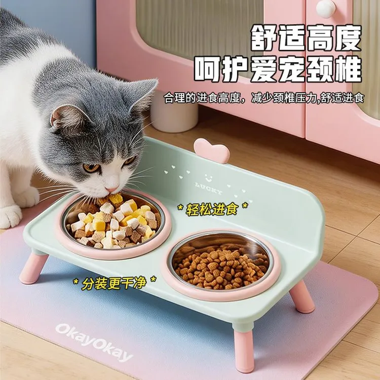 奕可猫碗狗碗宠物不锈钢高脚碗防滑防打翻猫碗猫咪护颈高架双碗商品图
