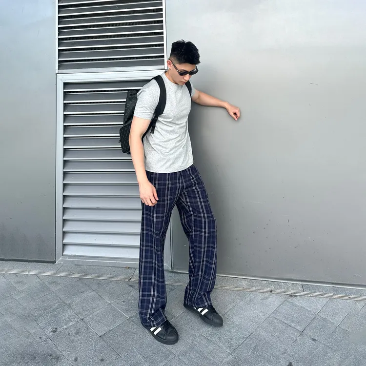 巴黎同款水洗直筒格子裤抽绳松紧设计感简约百搭全棉含量日常长裤