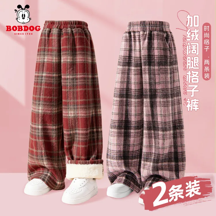 巴布豆女童加绒格子阔腿裤2025新款一体绒儿童毛呢裤子女大童冬装
