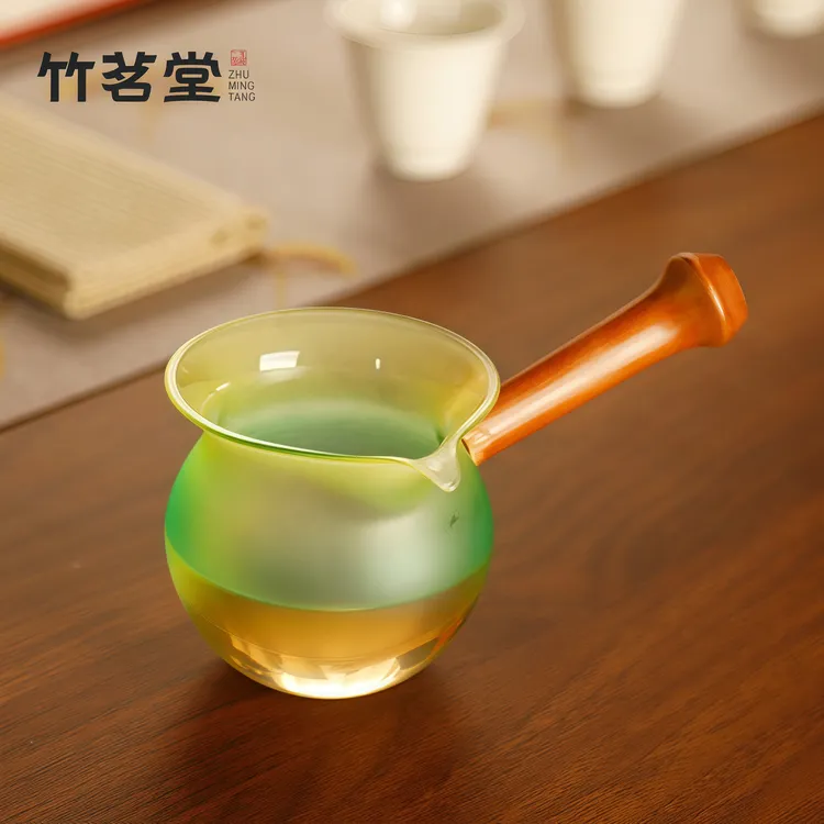 高硼硅玻璃渐变公道杯筇竹手柄防烫耐热泡茶过滤公杯分茶器零配件