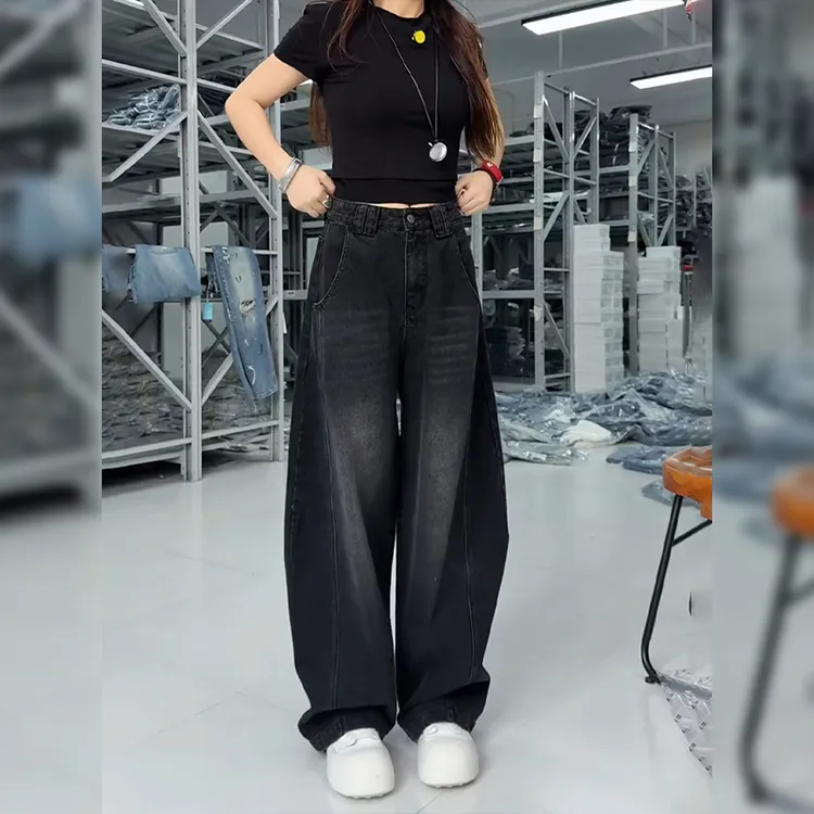 2025早秋新款黑色牛仔裤女大码胖mm梨形身材显瘦设计感弯刀阔腿裤