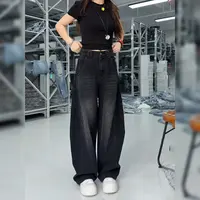 2025早秋新款黑色牛仔裤女大码胖mm梨形身材显瘦设计感弯刀阔腿裤