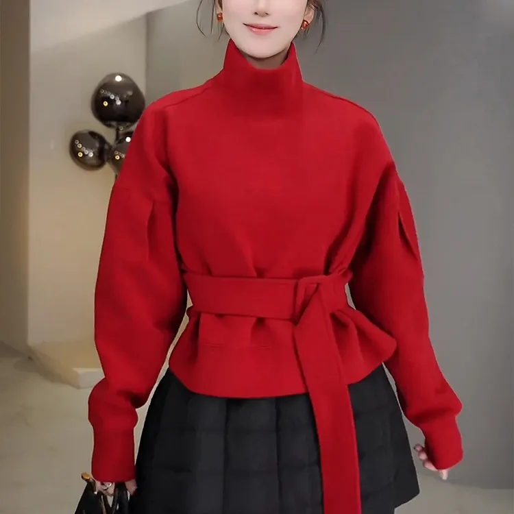 红色高领卫衣女秋冬2025新款高级感减龄宽松显瘦收腰系带加厚上衣