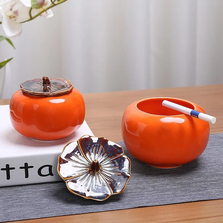 创意柿子烟灰缸客厅陶瓷个性潮流大号带盖防飞灰家用茶几摆件礼品