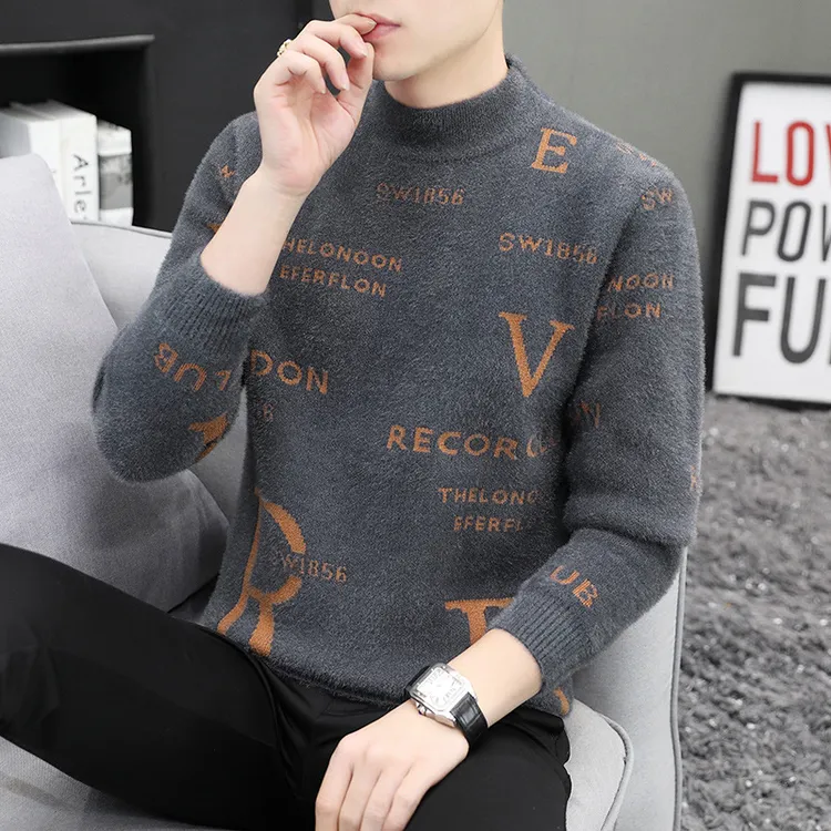 【不起球】秋冬季男士加厚仿水貂绒毛衣半高领保暖针织打底衫男装