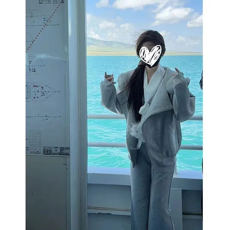 【伦敦漫步】斜双拉链开衫连帽卫衣宽松外套松弛慵懒休闲长裤套装