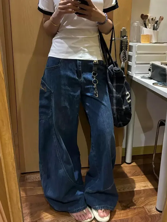 美式复古立体廓形弯刀牛仔裤女春季高街小众设计感蓝色阔腿长裤子